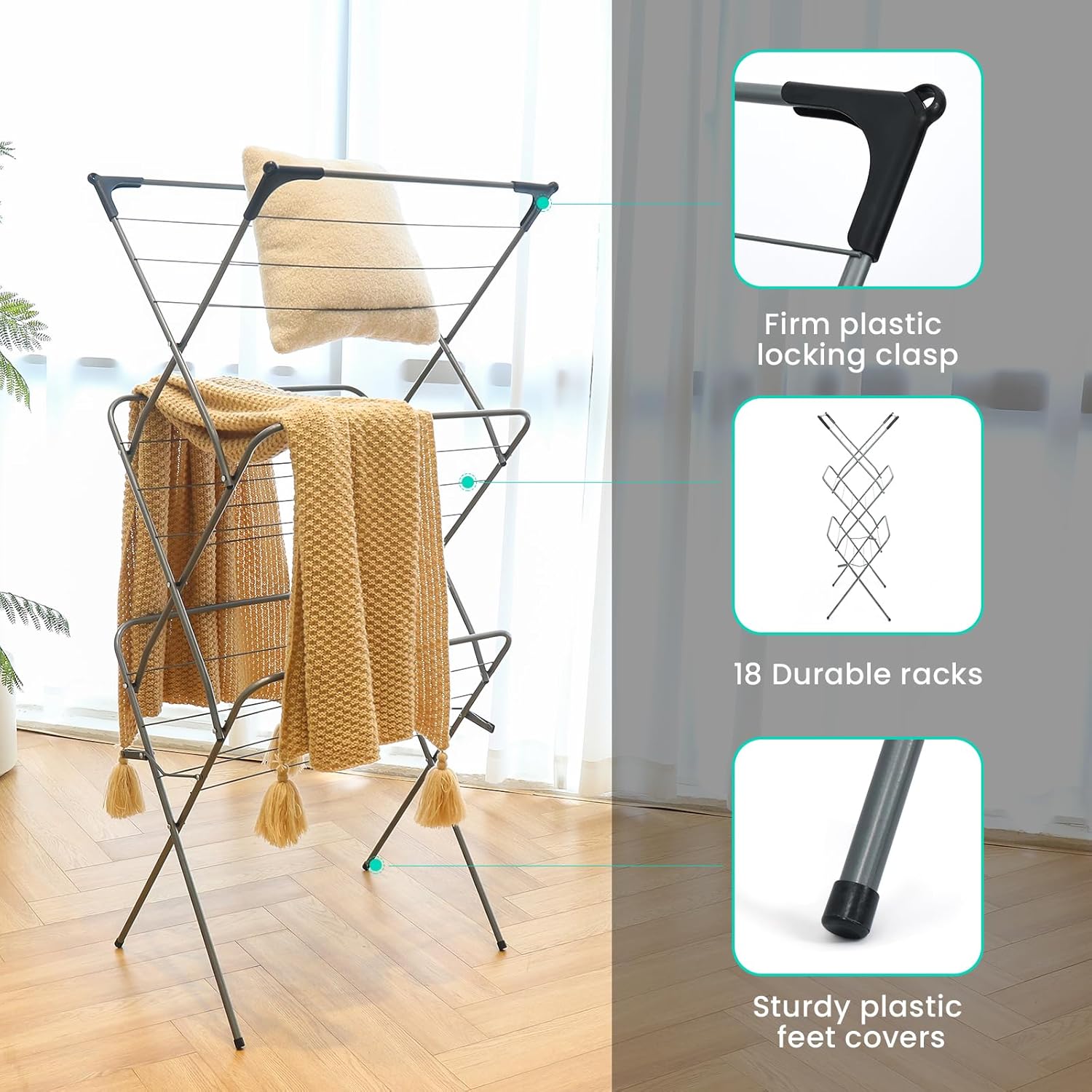 3 Tier Clothes Airer, Heavy Duty Foldable Clothes Drying Rack, with Non-Slip Feet