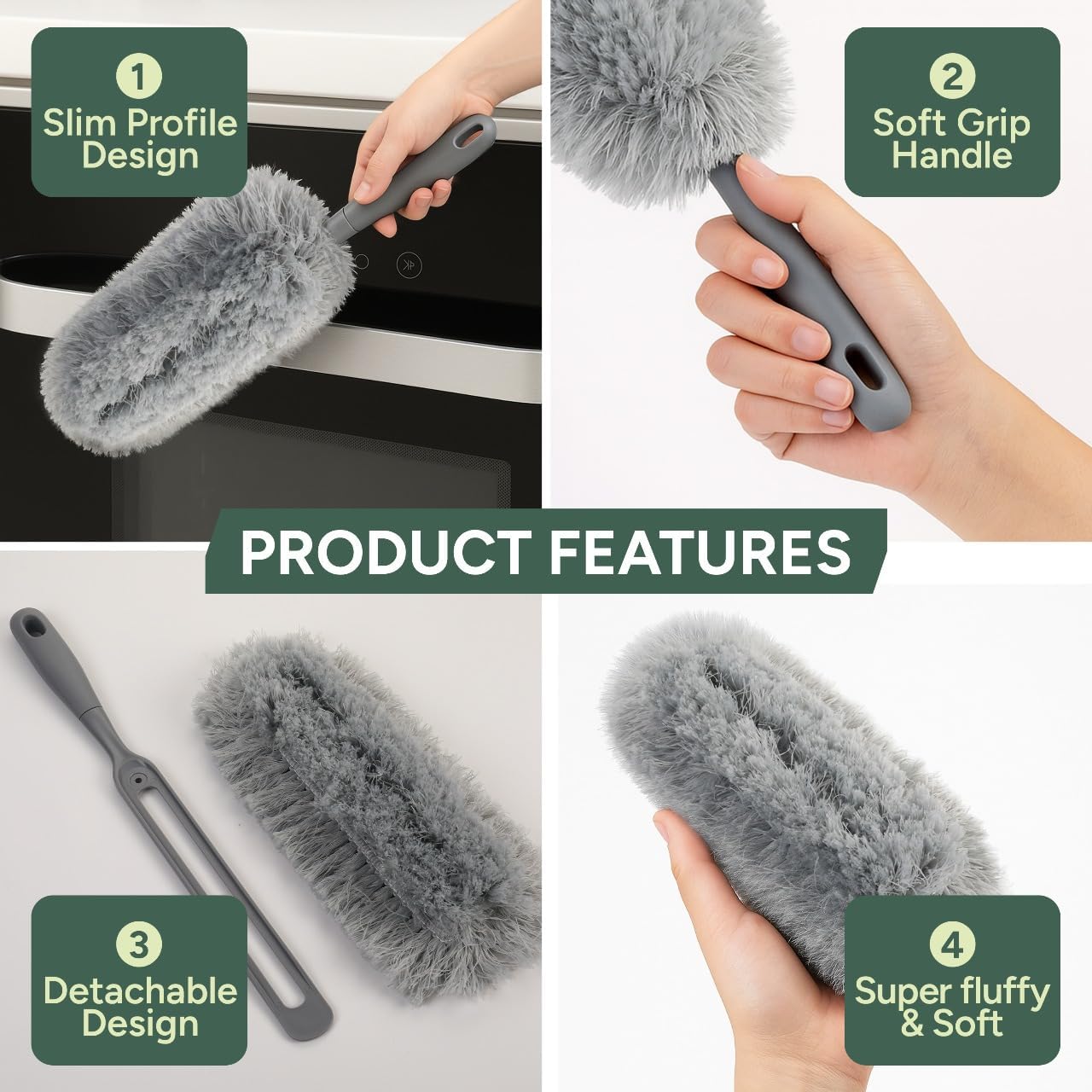 Zuvo Microfiber Duster with Detachable Washable Head – Soft Grip Handle